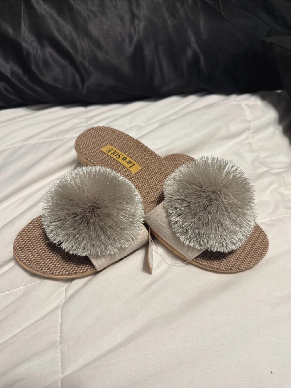 Pom-Pom Slide Sandals in Taupe - Women